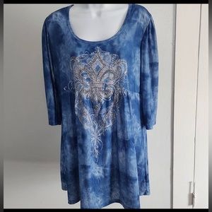 Lady Noiz Size L Blue Tie Die Look w/ Glass Beads Boho Tunic Blouse